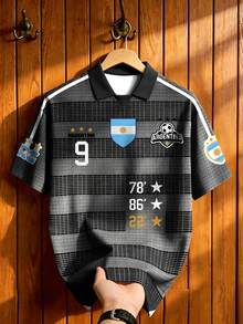 Aesthetic Post 男士復古運動風黑灰條紋拼接休閒 Polo 衫，阿根廷街頭風短袖上衣，翻領半袖球衣，男士圖案 T 恤，女士圖案 T 恤，夏季休閒襯衫，足球，足球用品 - 彩色 - 查看 4