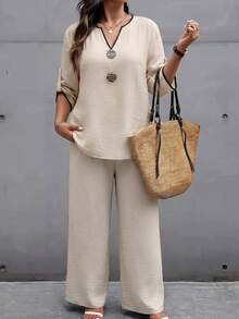 Weeklong Plus Size Beige V-Neck Top With Black Trim & Matching Wide Leg Pants Set, Casual Minimalist Style Fall - Apricot - View 4