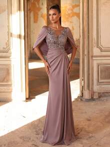 Aureia Vestido Elegante com Renda Bordada & Patchwork de Lantejoulas, Manga de Babado Elástica de Cetim, Bainha Sereia, Azul Acinzentado, Inverno, Elegante, Formal, Noite, Casamento Formal - Rosa empoeirado - Visão 6