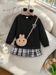 SHEIN Elladie kids 返校季女童 4-7 歲休閒圓領長袖衛衣，愛心印花裝飾，時尚英倫風黑白格紋創意拼接下擺，適合女童外出、聚會、學校表演、日常穿著，秋冬搭配 - 黑色 - 查看 7