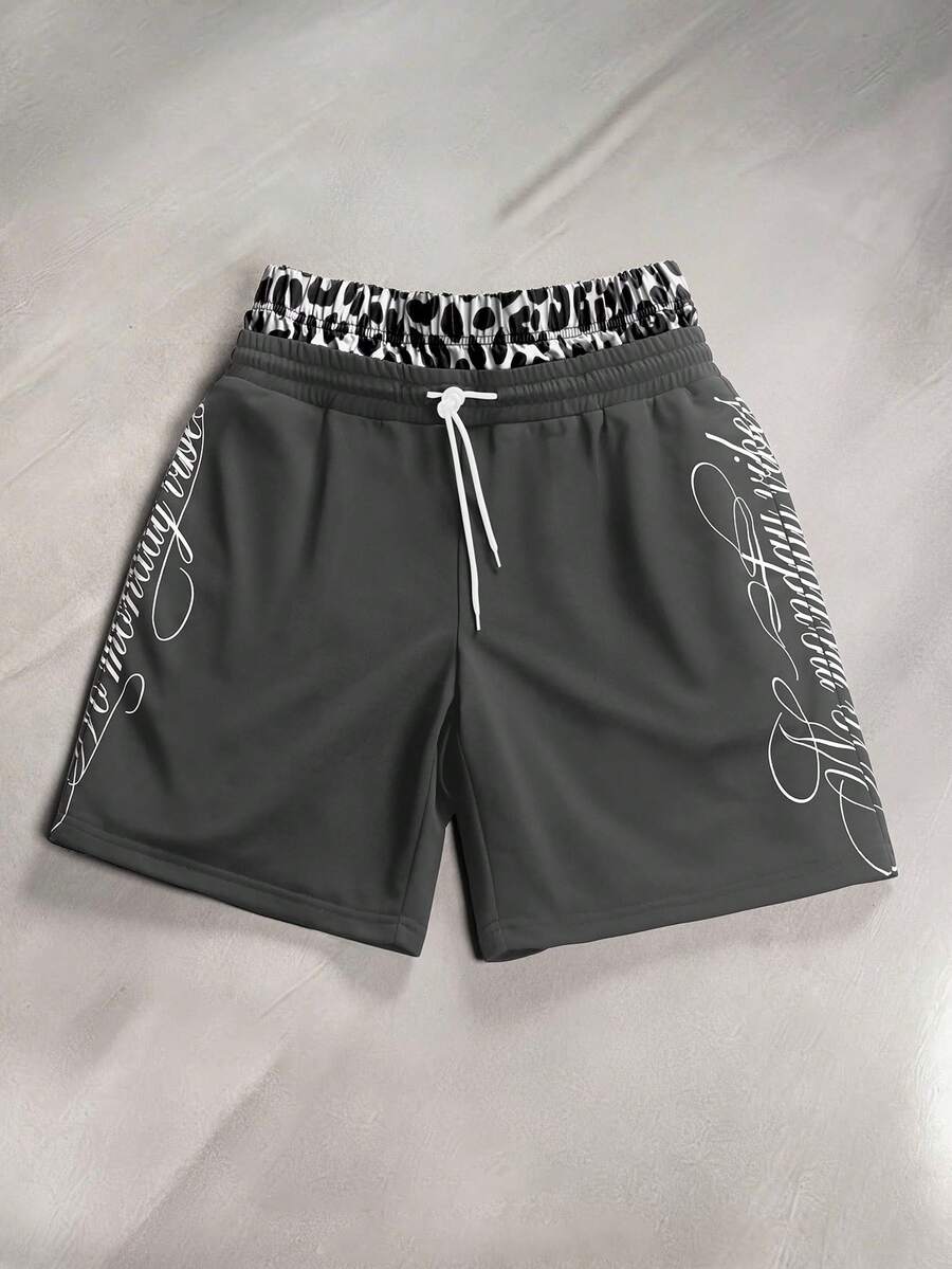 STYNVO Pantalones cortos casuales de verano para hombre con estampado de leopardo, patchwork y gráfico de letras - Gris - Ver 1