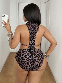Maweii Sexy Charming Fashion Hollow Leopard Print Triangle Cup Plus Size Sleeveless Bodysuit Set, Suitable For Evening Date Outfit, Sexy Date Bodysuit, Hollow Bodysuit, Leopard Print Bodysuit - Brown - View 3