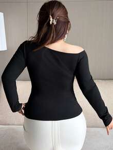 Dazy Plus Plus Size Women Solid Color Asymmetrical One Shoulder Fitted Black Long Sleeve T-Shirt Spring Summer Autumn - Black - View 2