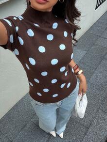 Siren Gaze Women's Brown Polka Dot Turtleneck Short-Sleeved Wool Knit Top Suitable For All Seasons World Cup Brunch Everyday Summer Casual French Retro High Tea - Brown - View 6