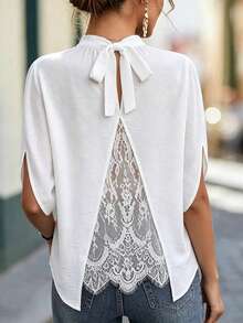 Isle Nomé White Lace Patchwork Backless Tie-Neck Batwing Sleeve Blouse, Casual Loose Sheer Top For Daily & Weekend Wear - White - View 1