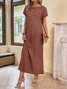 EMERY ROSE Vestido corto de manga corta sencillo y diario para mujer de unicolor - Café integral - Ver 5