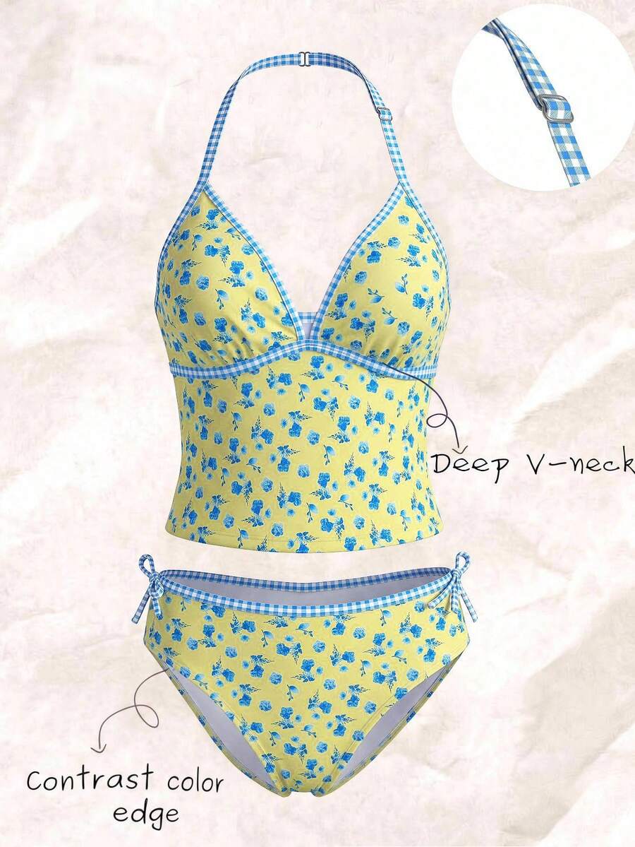 SHEIN Girlism 青少年女孩花卉掛脖式坦基尼套裝,適合海灘度假 - 彩色 - 查看 1