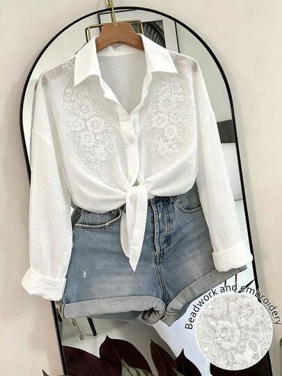 GlowEve Blusa casual de mujer de gasa transparente con bordado de strass y nudo delantero