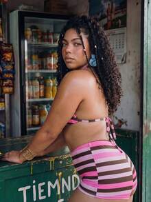 Swim Mod Plus Size Striped Swimsuit Set For Vacation And Beach - Hot Pink - View 5