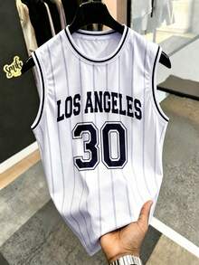 Manfinity Hypemode Men's Plus Size White Tank Top, Campus Basketball Court Letter Graphic Striped Decor Sleeveless Basketball Jersey Vest, Football Sports Wear, Holiday Style - White - View 1