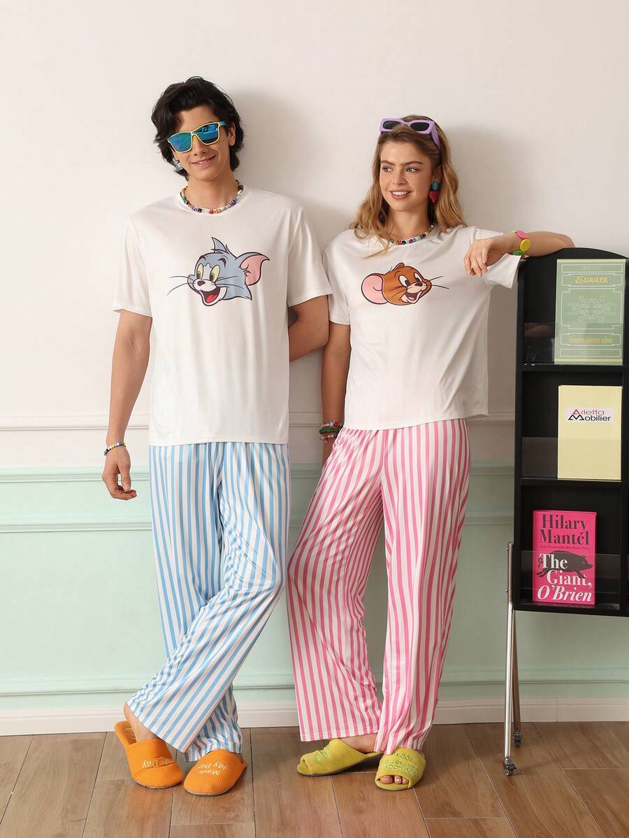 Chillnights TOM & JERRY X SHEIN Men's Cartoon Print Short Sleeve Top And Striped Long Pants Casual Daily Home Wear Set - Blue - View 1
