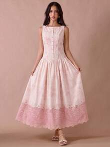 Enchnt Women's Contrast Color Button Half-Placket Embroidered Sleeveless Elegant Long Dress - Pink - View 6