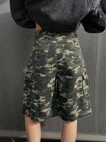 Livesso 夏季秋季六月節高腰迷彩印花側口袋工裝風寬鬆棉質軍綠色女款牛仔短褲 - 軍綠色 - 查看 2