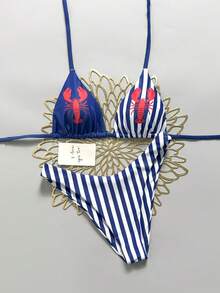 Swim Mod 女款 26 春夏新款條紋龍蝦印花雙層布料 V 領露背三角比基尼套裝 2 件組 甜美海灘度假風 - 彩色 - 查看 3