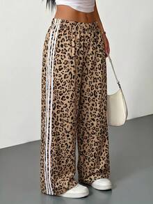 SHEIN PETITE レディース 伸縮ウエスト カジュアル 多用途 通勤 ワイドレッグ スウェットパンツ チーター柄 ボトムス - ココア - チェックする 7