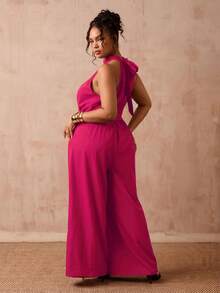 Slaydiva Mono de cuello halter de unicolor talla grande para vacaciones y uso casual - Rosa Fucsia - Ver 9