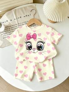 Baby Girl Fresh Cute Cartoon Cat Pink Bow Beige Bottom Pink Heart Pattern Basic Short T-Shirt And Biker Shorts Set, Comfortable Daily Sports Outfit - Multicolor - View 4