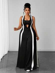 Maweii Plus Size Women's Summer Black & White Colorblock Sexy Deep V-Neck Sleeveless Jumpsuit, Elegant Outfit, Graduation Prom, Cosplay - Black and White - View 5