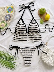 Soleia Women's Summer Beach White Halter Tie Sexy Coastal Bikini Swimwear Set - Multicolor - View 4
