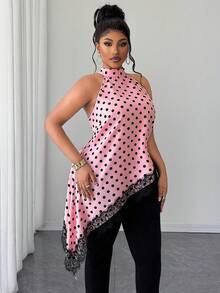Maweii Camisa sin mangas con lunares, cordones y dobladillo asimétrico para mujer de talla grande - Rosa - Ver 4