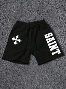 Manfinity LEGND Short noir pour homme, motif croix américaine, foi religieuse, graphique lettre SAINT, style de rue, esthétique sombre, trajet d'été, sport, port quotidien, pratique - Noir - Voir 5