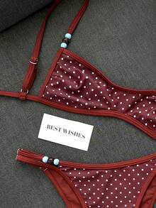 Swim Mod Setelan Baju Renang Wanita 2 Potong, Seri Summer Sweet, Motif Garis Biru dan Cokelat Bolak-balik dengan Hiasan Manik-manik - MultiWarna - View 3