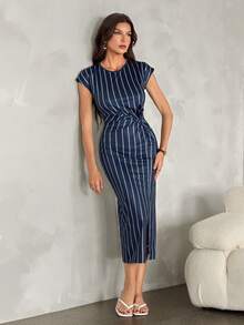 SHEIN Tall Vestido casual y minimalista de estilo náutico en azul marino con estampado de rayas blancas de cuerda de cáñamo. - Azul Marino - Ver 6
