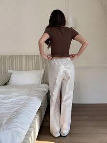 Dream Adore Women's Solid Color Round Neck Short Sleeve Top And Chocolate Brown Black And White Drawstring Long Pants Pajama Set 2 Pieces Lounge Summer Casual - Brown - View 2