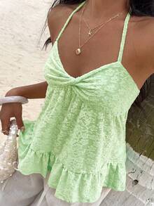 Sunnyshic Summer Casual Solid Color Jacquard Backless Halter Top - Green - View 6