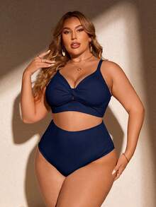 SHEIN Swim Curve 大尺碼女款夏季海灘純色抓皺細肩帶比基尼上衣與三角褲兩件式泳衣套裝 - 藏蓝色 - 查看 6