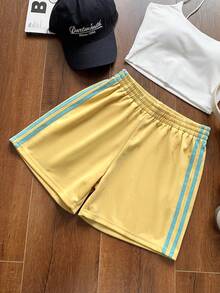 Comfortcana Plus Size Fashion Striped Side Color Block Casual Shorts - Yellow - View 10
