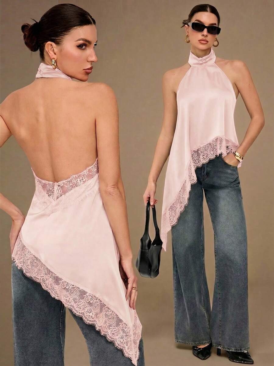 SHEIN Tall Elegant Lace Trim Backless Camisole Top, Sexy Satin Patchwork Sleeveless Blouse For Party Night Out Baby Pink Summer - Baby Pink - View 1