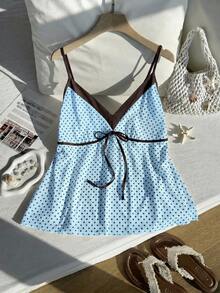 Comfortcana Spring Summer Light Blue Colorblock Patchwork Front Tie Bow Casual 1950s Vintage 1950s Vintage Plus Size Camisole Tank Top Date Night Vacation - Baby Blue - View 4