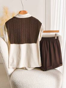 Story & Sage Women's Shawl Design Short Sleeve Top And Shorts Casual Daily Set - Coffee Brown - View 3