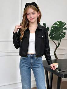 SHEIN Elladie kids Single Piece Girls' Retro PU Black Leather Jacket For Daily Commuting And Travel - Black - View 4