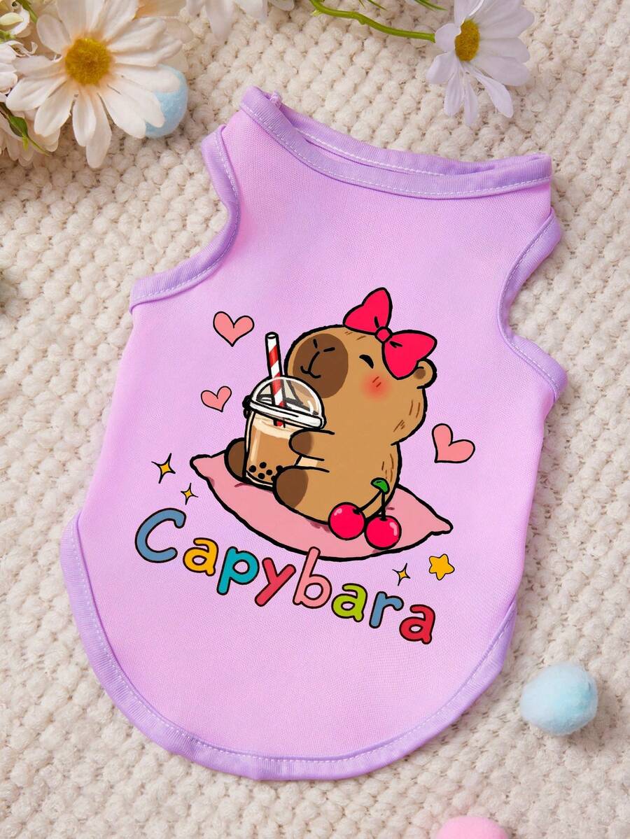 PETSIN 1pc Capybara Letters And Cute Holding Pearl Milk Tea Patterned Printed Pet Vest, Comfortable And Breathable, Casual Style, Breathable And Anti Shedding Pet Clothing - Purple - View 1