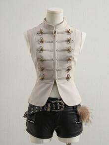 Attitoon Y2K Napoleon Fashion Vintage-Style Woven Buttons Button Decor Vest - Apricot - View 10
