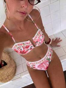 Swim Vcay 女款休閒度假海灘多色印花紋理布料比基尼兩件式泳衣套裝 - 粉色 - 查看 1