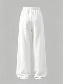 SHEIN 青少年（女孩）春夏休闲沙滩度假日常100%纯棉宽松带口袋长裤 - 白色 - 查看 2