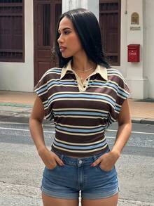 Slaydiva 女款休閒條紋POLO領短袖寬鬆腰身T恤 - 彩色 - 查看 2