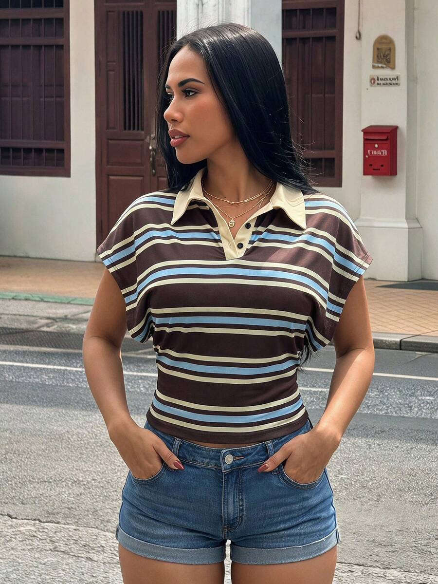 Slaydiva 女款休閒條紋POLO領短袖寬鬆腰身T恤