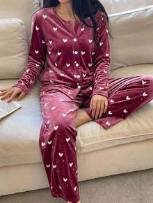 DAZY Autumn Winter Heart Pattern Print Velvet Long Sleeve Cardigan 2pcs Women's Pajama Set - Dusty Pink - View 5
