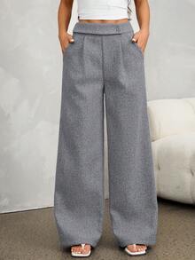 SHEIN PETITE 女款純色百褶口袋寬腿寬鬆休閒長褲 - 灰色 - 查看 3