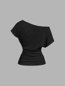 SHEIN MOD 女款純色不對稱肩抓皺休閒百搭日常T恤 - 彩色 - 查看 8