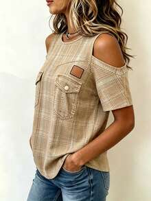 EMERY ROSE Women's Regular Off-Shoulder Plaid Short Sleeve Casual Top - Multicolor - View 3
