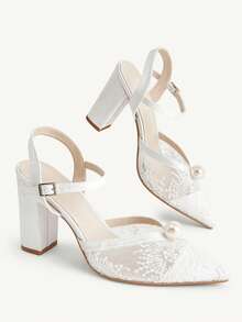 CUCCOO CHICEST Premium Bridal High Heels Women's Lace Mesh Big Pearl Coarse Heel Pointed Toe Shoes - White - View 5