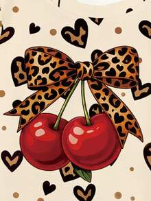 (1 Random SET)Young Girls Leopard Print Heart Polka Dot Bow Cherry Cute Rabbit Rainbow Flower Short T-Shirt And Leggings Set Spring Autumn Outfit - Multicolor - View 4