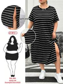 SHEIN CURVE+ 大码女装春夏时尚休闲宽松舒适基础款日常修身开衩黑色条纹短袖中长连衣裙，机场穿搭，复古富家风，教师装，女士教堂礼服，女士夏季穿搭，曲线连衣裙 - 黑與白 - 查看 8