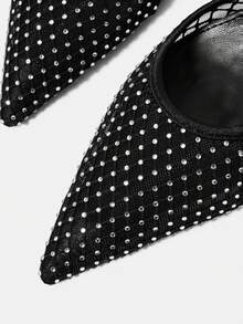 CUCCOO HITCHD Spring And Summer Rhinestone Mesh Splicing Pointed Stiletto Dinner Wind Mesh Satin - Black - View 6
