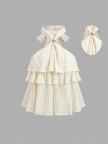 Sunnyshic Camisa de mujer con textura, hebilla metálica, volantes, cuello halter y lazo para vacaciones - Albaricoque - Ver 5